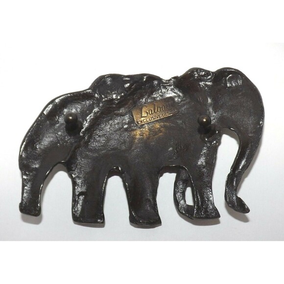 Laloon Belt Buckle Signed Mom & Baby Elephant Bronze tone Crystal Eyes Vintage main image 6